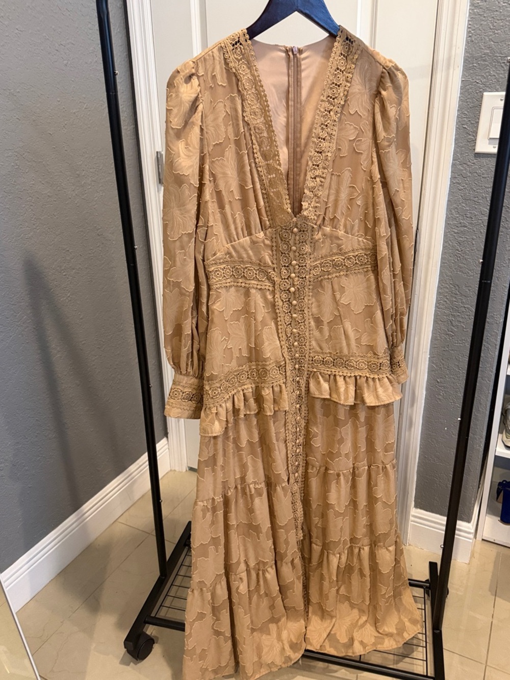 Beige Long Sleeve Lace-Trim Maxi Dress size M